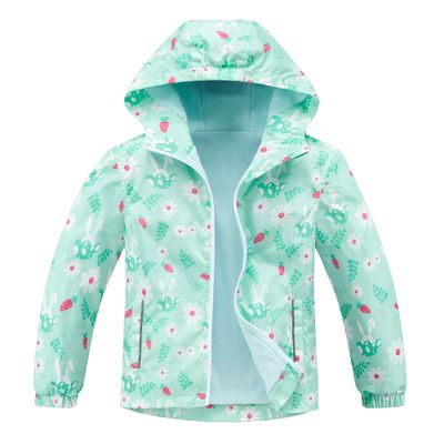 C2M Girls Hooded Rain Jacket Waterproof Raincoats Fleece Lined Windbreaker 7-8 Years Mint Bunny