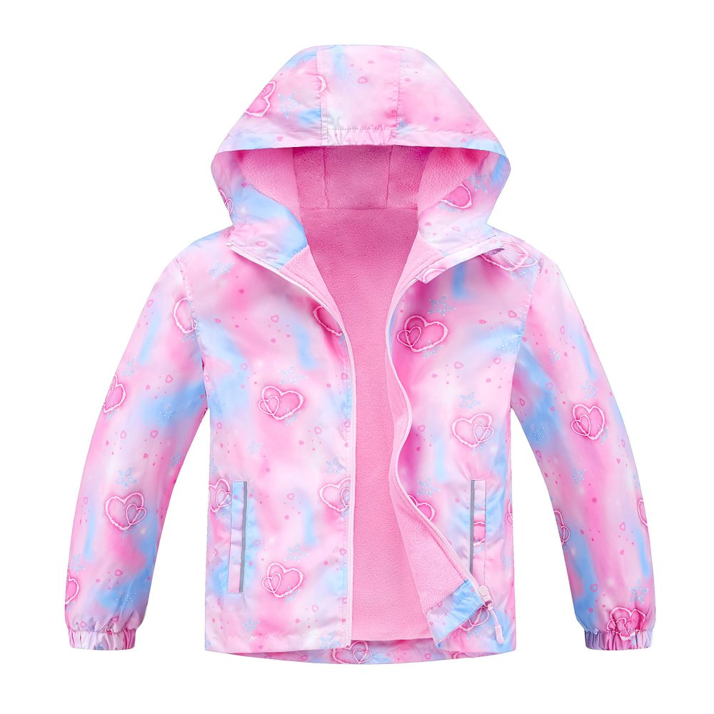 C2M Girls Hooded Rain Jacket Windproof Raincoat Fleece Lined Outerwear 7-8 Years Starry Hearts
