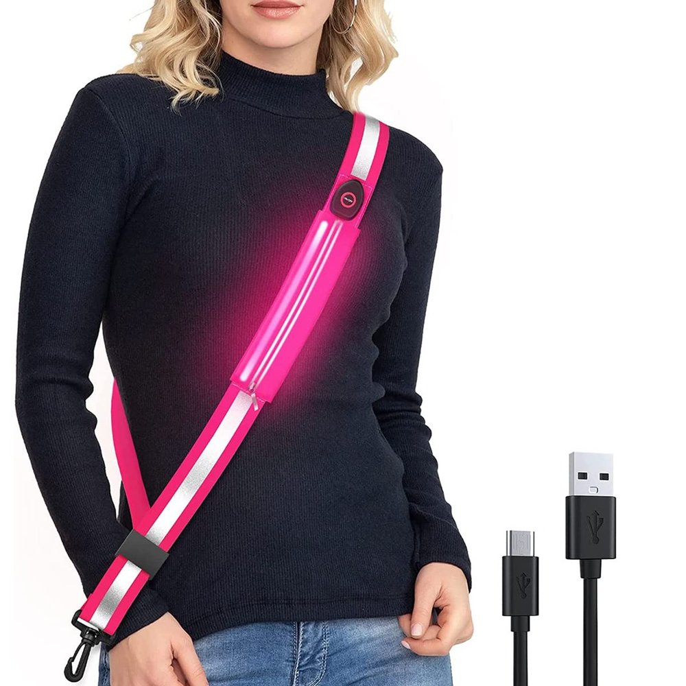 ALOEU LED Reflective Belt Sash for Walking at Night,Rechargeable LED Light Up Running Belt for Runners Walkers,Pink