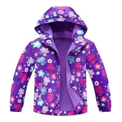 C2M Girls Hooded Rain Jacket Waterproof Raincoats Fleece Lined Outerwear 6-7 Years Purple Kittens