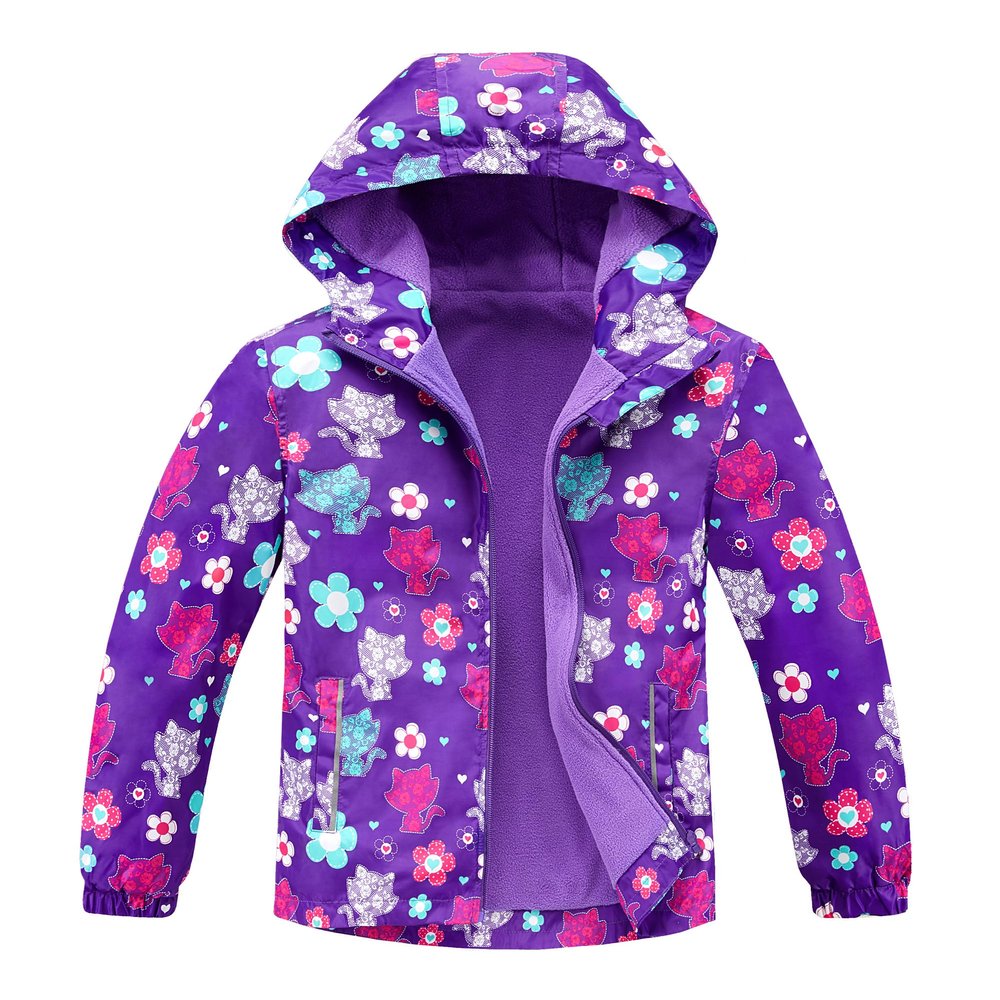 C2M Girls Hooded Rain Jacket Waterproof Raincoats Fleece Lined Outerwear 6-7 Years Purple Kittens