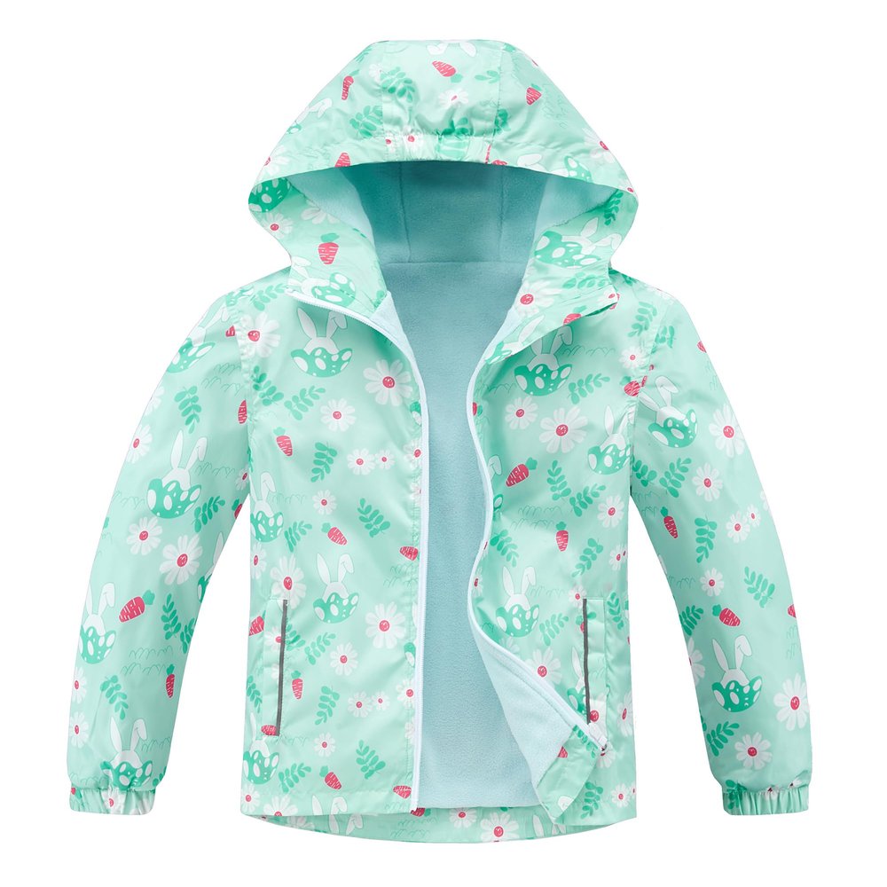 C2M Girls Hooded Rain Jacket Waterproof Raincoats Fleece Lined Windbreaker 10-12 Years Mint Bunny
