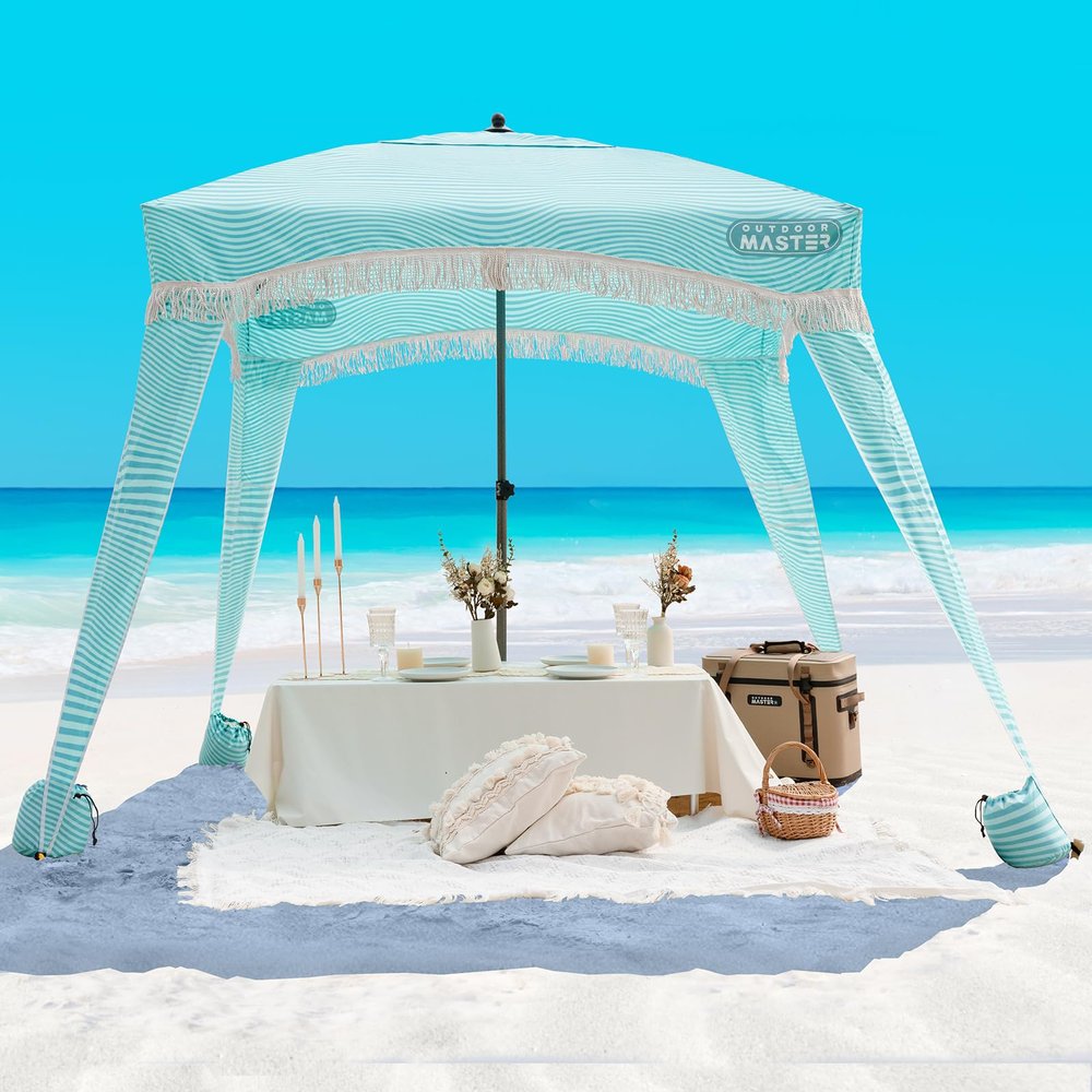 OutdoorMaster Beach Cabana with Fringes, Portable 6' x 6' Sun Canopy for Sand, Easy Set Up Beach Shelter, Included Side Wall, UPF 50+ UV Protection Sun Umbrella - for Family & Friends -Stripes