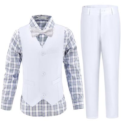Boys Suits Size 10 Ring Bearer Outfit White Formal Suit Set Dress Vest Pants Plaid Shirt Set