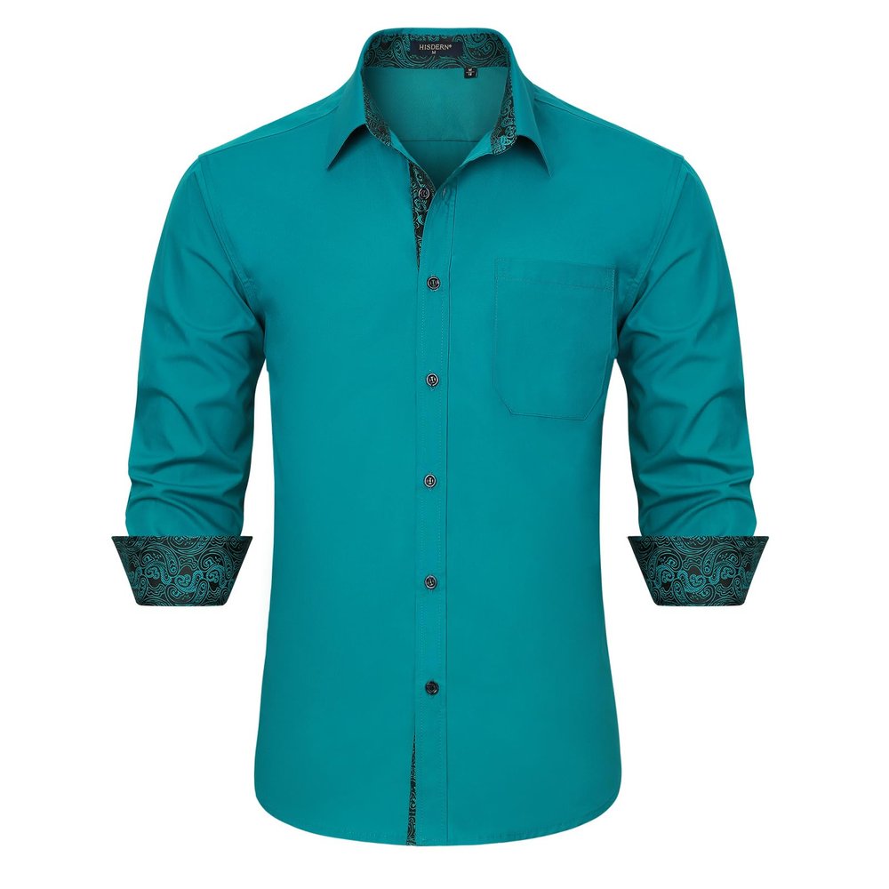 HISDERN Mens Business Dress Shirts Teal Button Down Long Sleeve Shirts Peacock Blue Casual Formal Tuxedo Shirt for Men Regular Fit Party