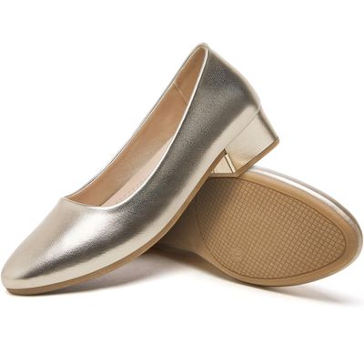 Jeekopeg Low Chunky Pumps Women's Round Toe Heels PU Leather Chunky Pump Shoes Classic Closed Toe Pumps Low Heel Dress Shoes for Women(Gold,US7)