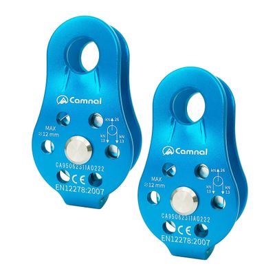EMMRAGNO 2pcs Fixed Plate 26KN Micro Climbing Pulley, Hitch Pulley Climbing Bearing Pulley, Traction Pulley, Hauling Pulley for Rock Climbing, Zipline Sports, Transport Etc.(Blue, Pack of 2)