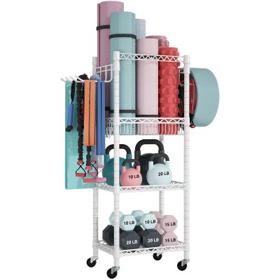 FUTASSI S1 Home Gym Storage, 3-Tier Workout Equipment Organizer with Wheels for Yoga Mats, Foam Roller, Dumbbells, Kettlebells, and Resistance Bands, 47.2" H x 27.1" W x 11.8" D, White