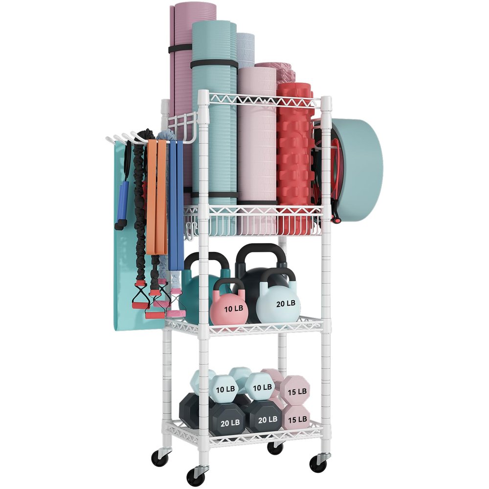 FUTASSI S1 Home Gym Storage, 3-Tier Workout Equipment Organizer with Wheels for Yoga Mats, Foam Roller, Dumbbells, Kettlebells, and Resistance Bands, 47.2" H x 27.1" W x 11.8" D, White