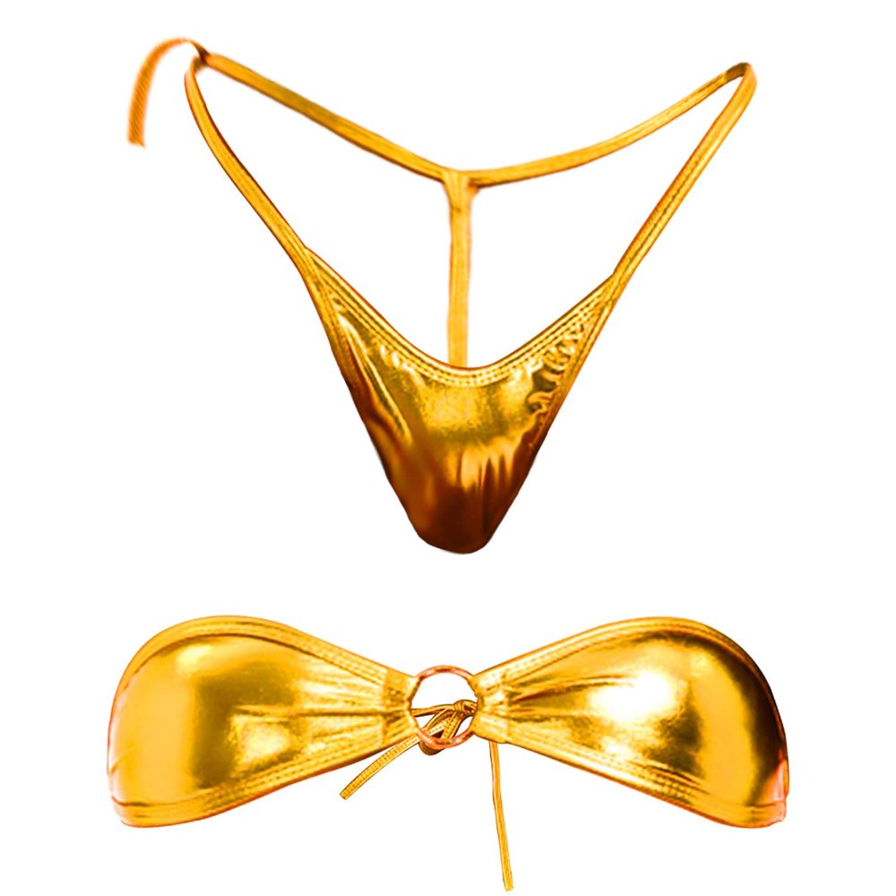 Yevin Women Shiny 2Pcs Bikini Set Sexy Swimwear Halter Neck Bra Tops Thong Micro Beachwear Swimsuit Extreme Lingerie Bathing Suit Golden