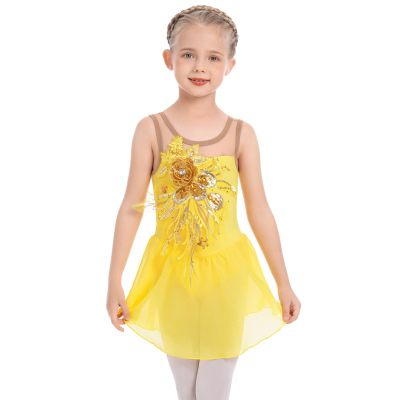 AFAVOM Figure Skating Dress for Girls Sequin Flower Mesh Ice Skating Dress Ballet Dance Leotard Dress Chiffon Skirted Ballerina Dancewear for Competition Stage Performance Costume Yellow 3-4 Years