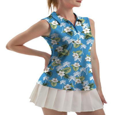 FKEEP Women's Sleeveless Polo Golf Tennis Shirt Tank Tops T-Shirts V-Neck with Collar Quick Dry Workout Athletic (White Flowers, XS)