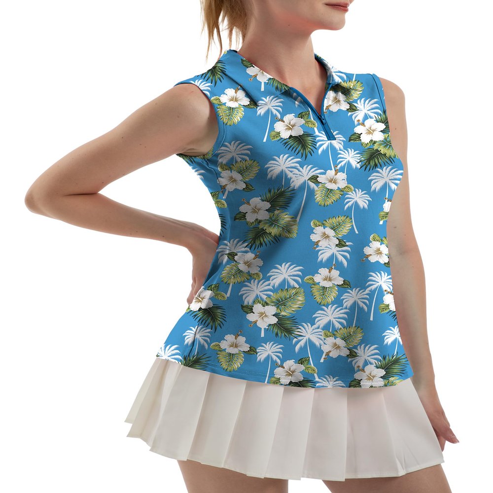 FKEEP Women's Sleeveless Polo Golf Tennis Shirt Tank Tops T-Shirts V-Neck with Collar Quick Dry Workout Athletic (White Flowers, XS)