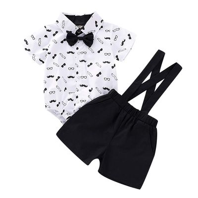 0 to 24 Months Baby Casual Outfits Set Infant Baby Boys Gentleman Beard Romper Suspenders Strap Shorts Set White