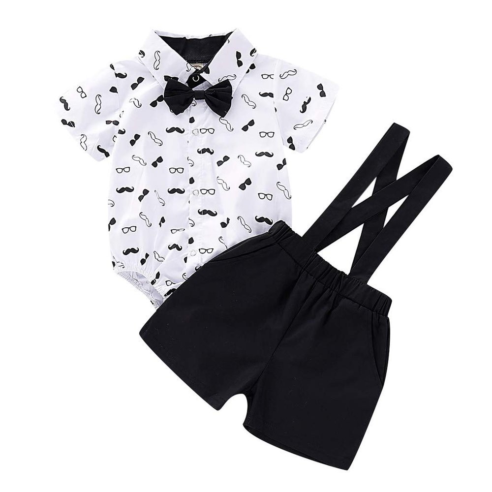 0 to 24 Months Baby Casual Outfits Set Infant Baby Boys Gentleman Beard Romper Suspenders Strap Shorts Set White