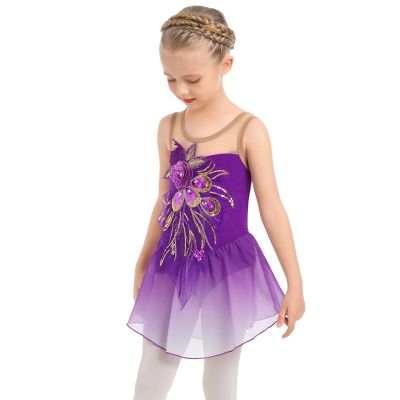 AFAVOM Figure Skating Dress for Girls Sequin Flower Mesh Ice Skating Dress Ballet Dance Leotard Dress Chiffon Skirted Ballerina Dancewear for Competition Stage Performance Costume Purple 7-8 Years