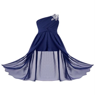 Sywiyi Kids Flower Girls Beaded Ruched Pageant Dress Junior Bridesmaid Gown One Shoulder High Low Gowns Type A Navy Blue 6 Years
