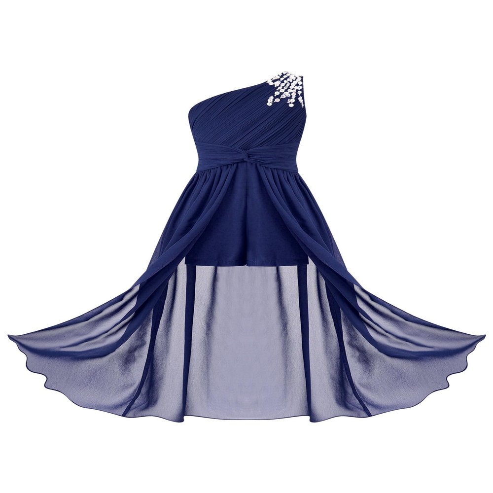 Sywiyi Kids Flower Girls Beaded Ruched Pageant Dress Junior Bridesmaid Gown One Shoulder High Low Gowns Type A Navy Blue 6 Years