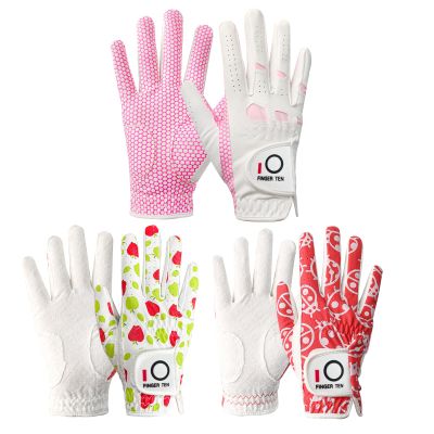 FINGER TEN Golf Gloves Women's Ladies Left Hand or Right Handed Grip Weathersof Value 3 Pack, Fit Size Medium Small Large Pro Design (Red&Green&Pink, Medium-Worn on Right Hand)