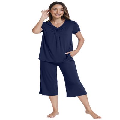WiWi Super Soft Pajama Set for Women Cooling Sleepwear Short Sleeve Top with Capris Pajamas Sets with Pockets S-XXL, Navy, X-Large
