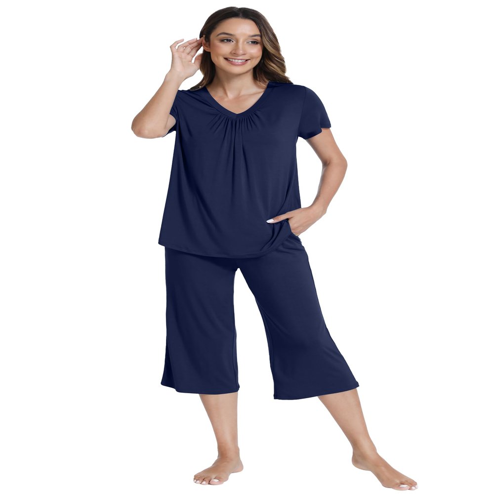WiWi Super Soft Pajama Set for Women Cooling Sleepwear Short Sleeve Top with Capris Pajamas Sets with Pockets S-XXL, Navy, X-Large