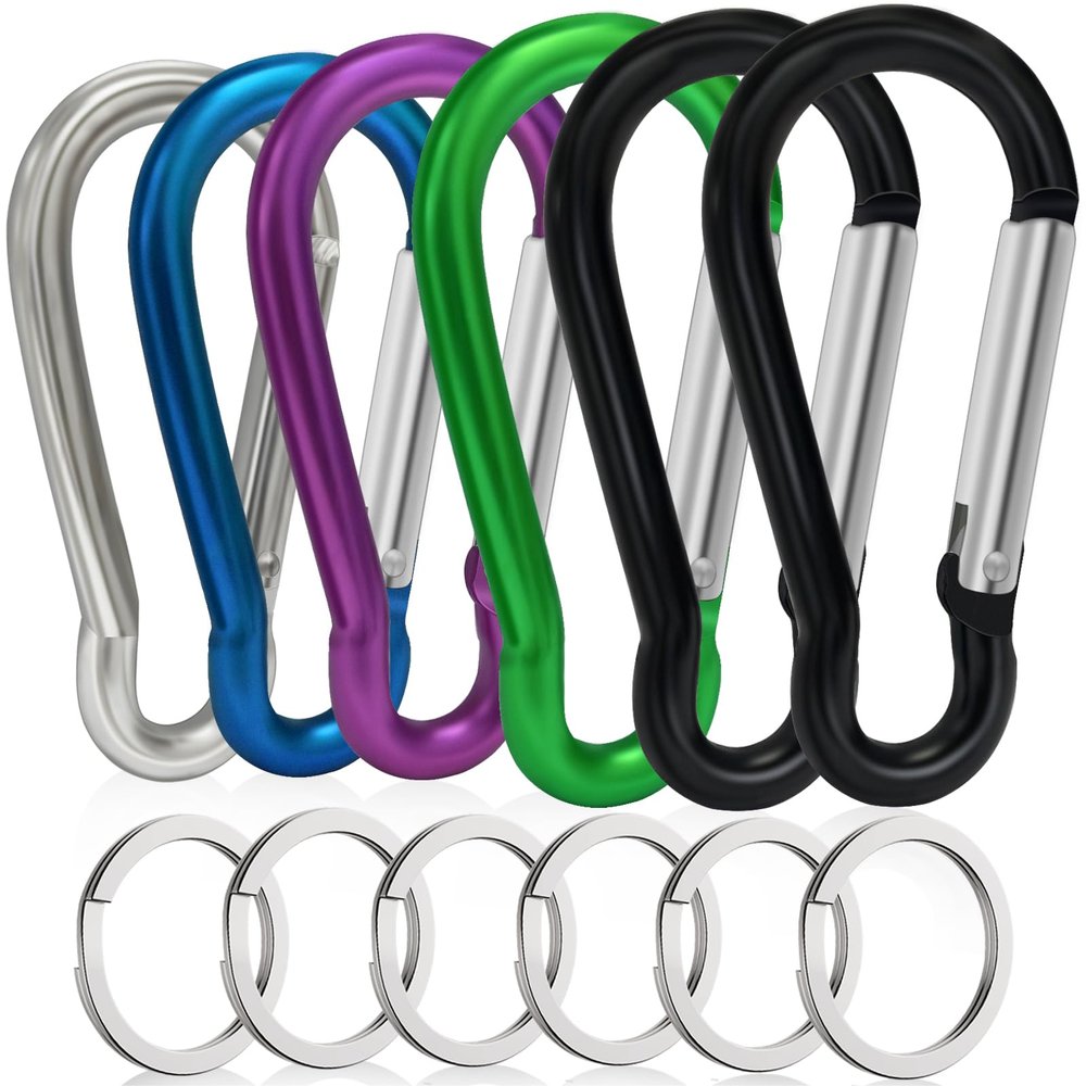 6PCS Carabiners, LDJZON Aluminum Carabiner Clip Spring Snap Hook with 6PCS Keyrings Keychain Hook for Keys, Backbag, Camping Lamp,Water Bottle (2.32 inch, 2 Black/Blue/Purple/Green/Silver)