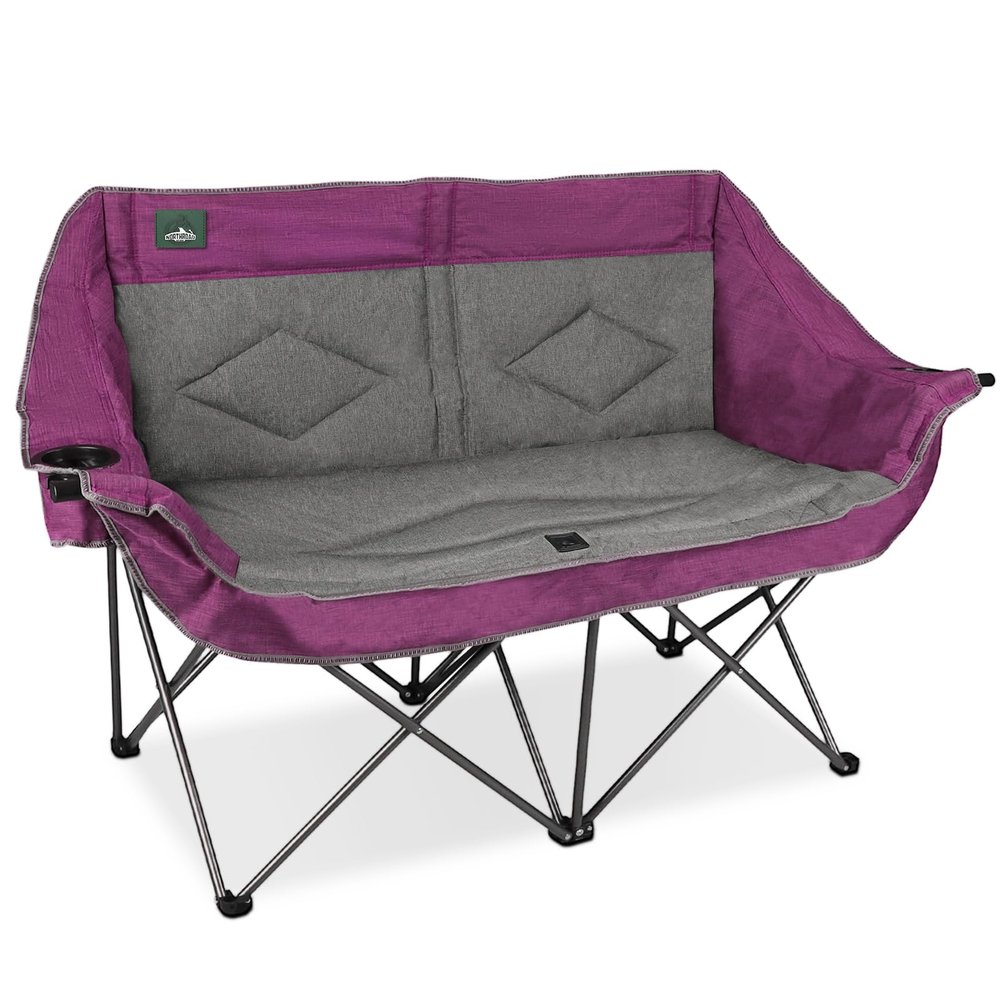 Northroad Folding Loveseat Camping Chair Portable Double Duo Full Padded Garden Sofa Chair for 2 Person w/ 2 Cup Holder,Wine Glass Holder,Support 600lbs for Outdoor Travel (Purple)