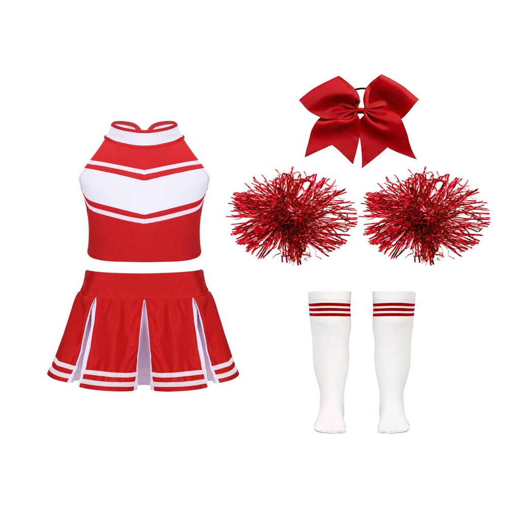 Moily Big Girls Classic Cheerleading Team Uniform High Neck Crop Top with Pleated Boxer Skirts Rooter Stage Suit I#Red29 7-8 Years