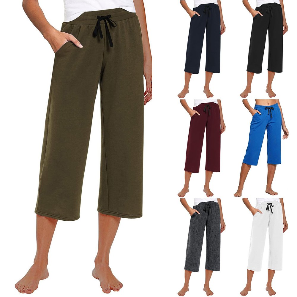Capri Pants for Women Wide Leg Sweatpants Baggy High Waisted Capris Yoga Pants with Pockets Casual Sweat Pants Drawstring Elastic Waist Joggers Pants Straight Leg Sweatpants Workout Athletic Pants