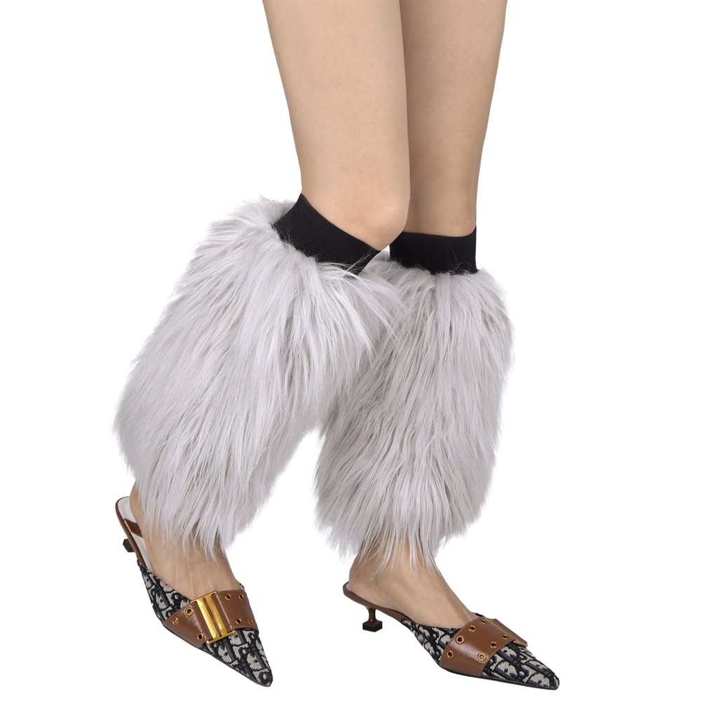 Reyox Women's Faux Fur Leg Warmers, Furry Boot Cuff Covers for Party Costumes Festival Cosplay Light Grey 17.7 inch