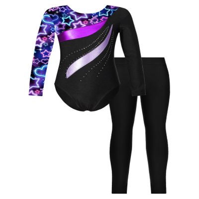 YOOJOO Kids Girls Gymnastics Dance Outfits Long Sleeve Leotard Biketard Jumpsuit with Leggings Pants Set Activewear NeonStarry 6 Years