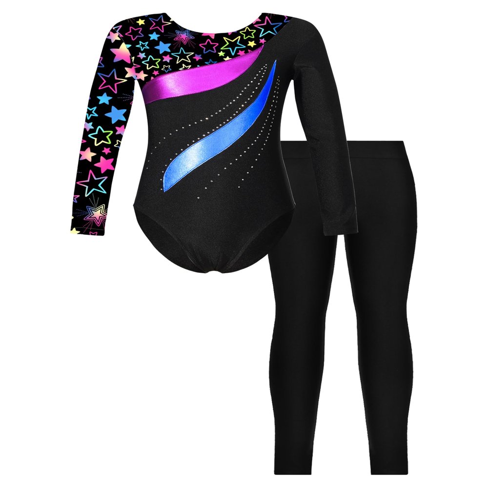 YOOJOO Kids Girls Gymnastics Dance Outfits Long Sleeve Leotard Biketard Jumpsuit with Leggings Pants Set Activewear Stars 6 Years