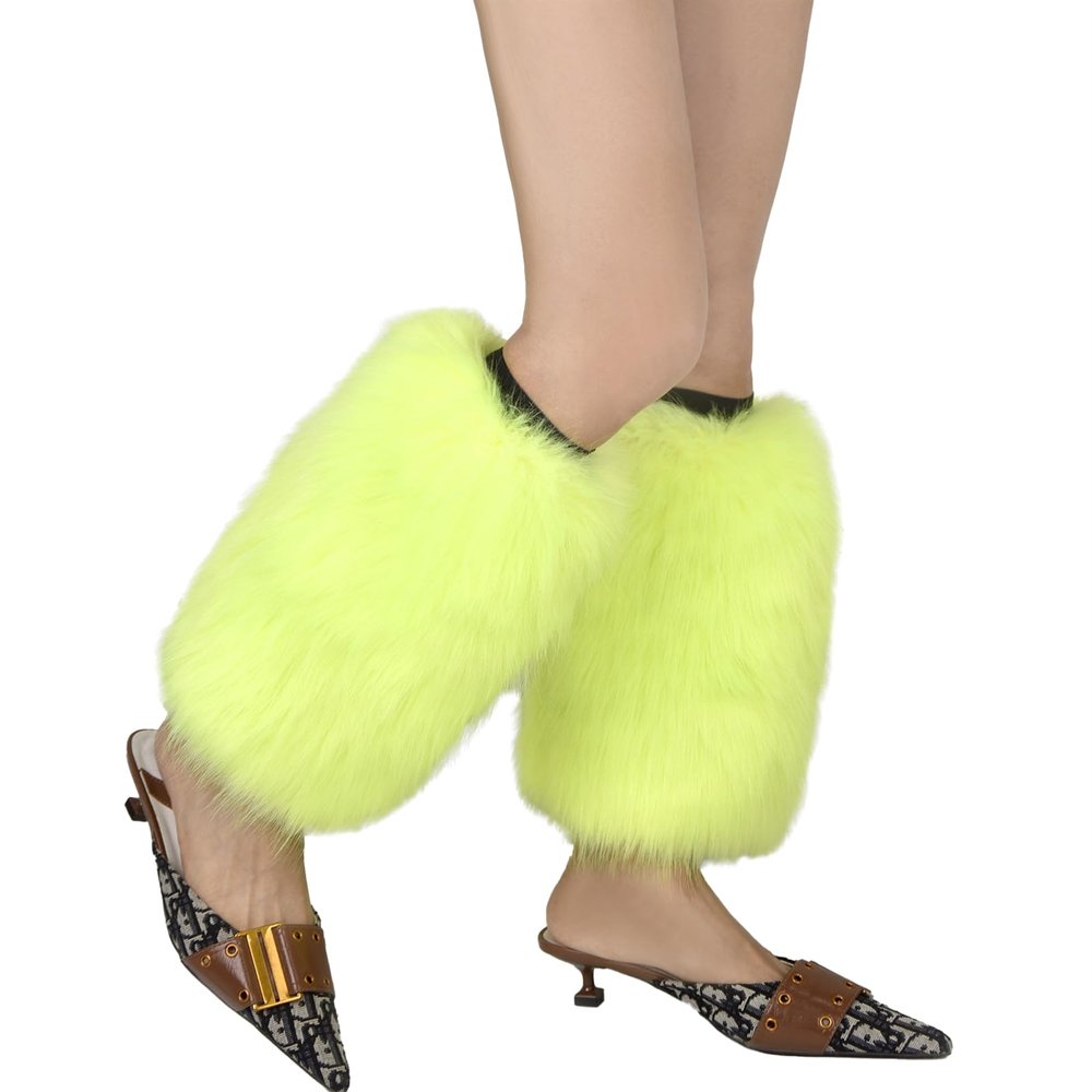 Reyox Women's Faux Fur Leg Warmers, Elastic Boot Cuff Covers for Festival Cosplay Party Costumes Fluorescent Green 17.7 inch