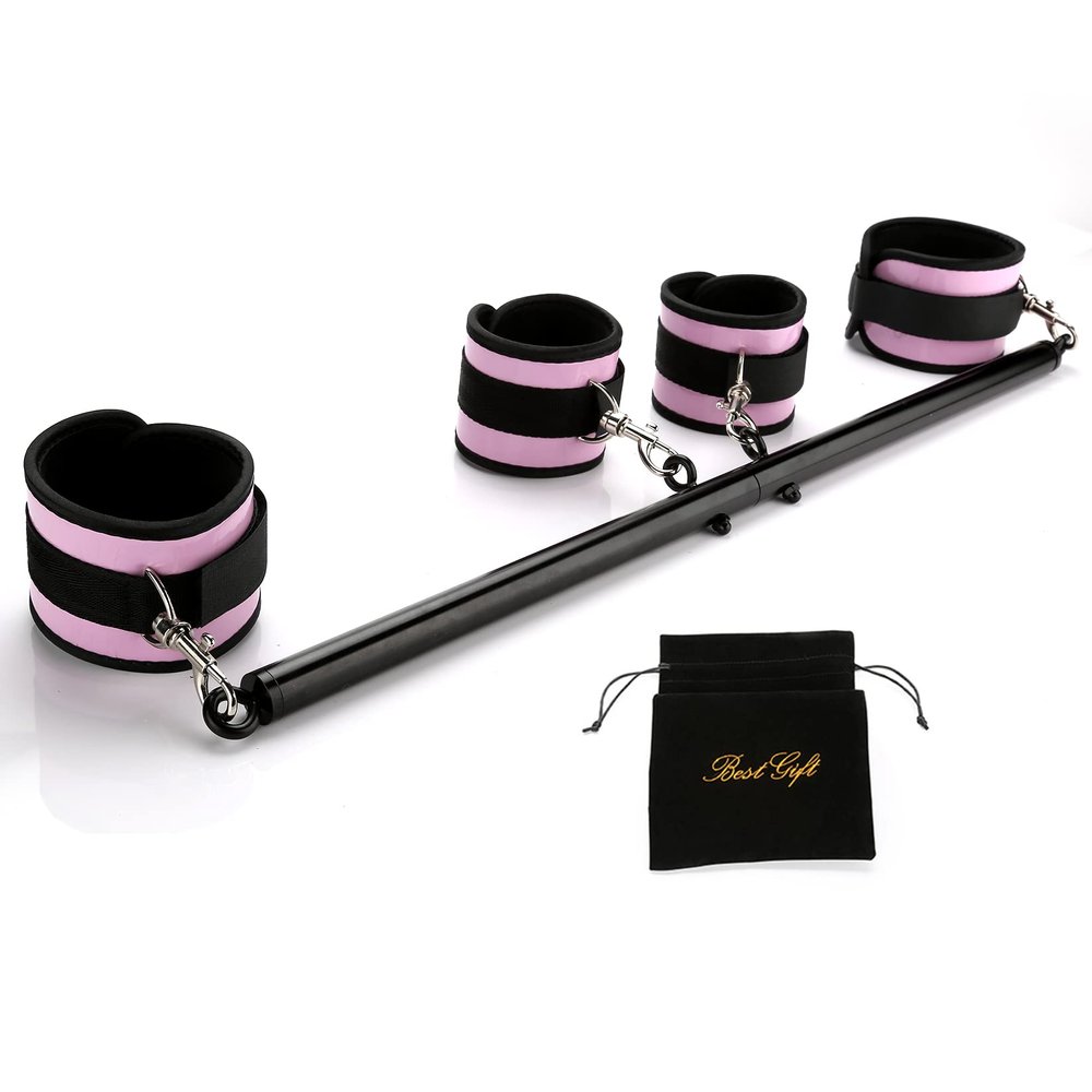 Sovyime Black Expandable Spreader Bar with Adjustable 4pcs Straps Sports Aid Training Fitness Gear, Restore Pilates, Yoga Gym Kit, Home Exercise Kit (Black+PU Pink Set)