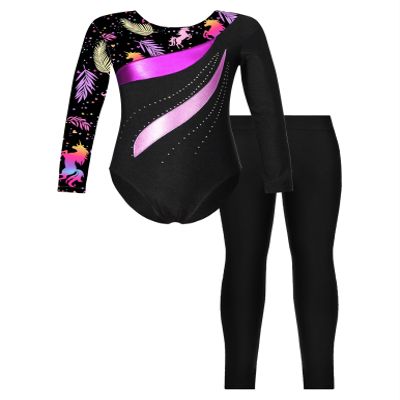 YOOJOO Kids Girls Gymnastics Dance Outfits Long Sleeve Leotard Biketard Jumpsuit with Leggings Pants Set Activewear Leaves 10 Years