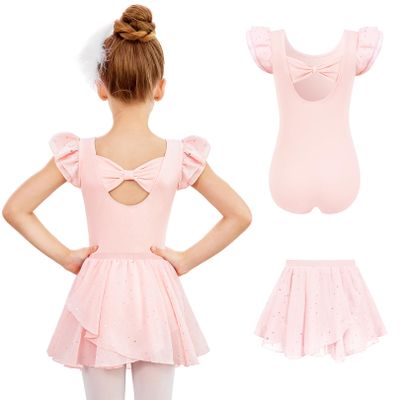Zaclotre Girls Dance Leotards Short Sleeve Ballet Dress with Double Layer Skirt Pink Leotard for Dance Size 10-11 Years