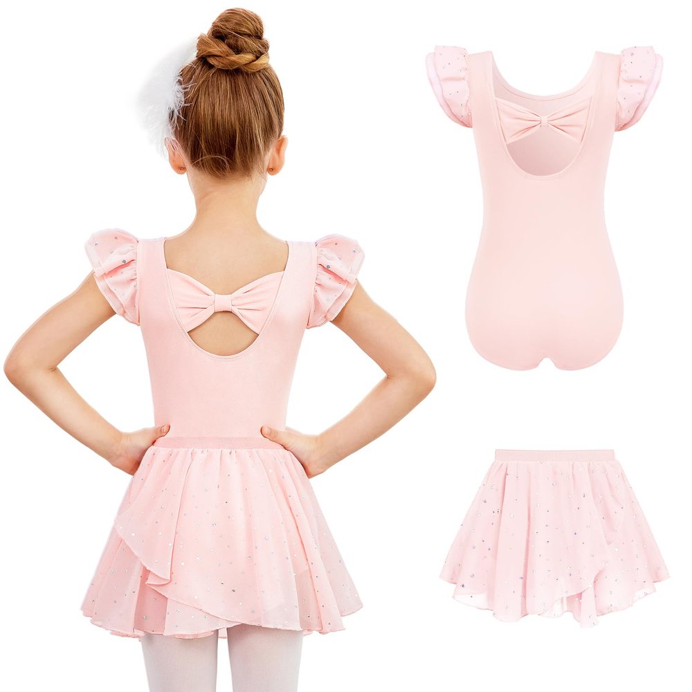 Zaclotre Girls Dance Leotards Short Sleeve Ballet Dress with Double Layer Skirt Pink Leotard for Dance Size 10-11 Years
