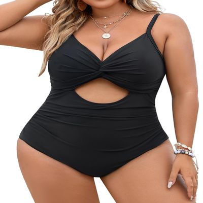 Blooming Jelly Womens Plus Size Bathing Suit Tummy Control One Piece Swimsuit Twist Front Ruched Swimwear (4X-Large,Black)