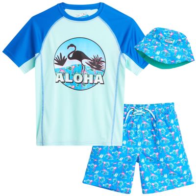 Beach Bros. Boys Rash Guard Set - 3 Piece UPF 50+ Long Sleeve & Short Sleeve Swim Shirt & Swimming Trunks with Reversible Hat, Size 5, Turquoise/Blue Flamingo