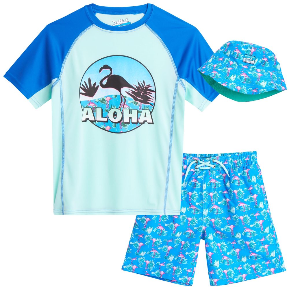 Beach Bros. Boys Rash Guard Set - 3 Piece UPF 50+ Long Sleeve & Short Sleeve Swim Shirt & Swimming Trunks with Reversible Hat, Size 5, Turquoise/Blue Flamingo