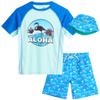 Beach Bros. Boys Rash Guard Set - 3 Piece UPF 50+ Long Sleeve & Short Sleeve Swim Shirt & Swimming Trunks with Reversible Hat, Size 5, Turquoise/Blue Flamingo view 1