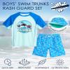 Beach Bros. Boys Rash Guard Set - 3 Piece UPF 50+ Long Sleeve & Short Sleeve Swim Shirt & Swimming Trunks with Reversible Hat, Size 5, Turquoise/Blue Flamingo view 2