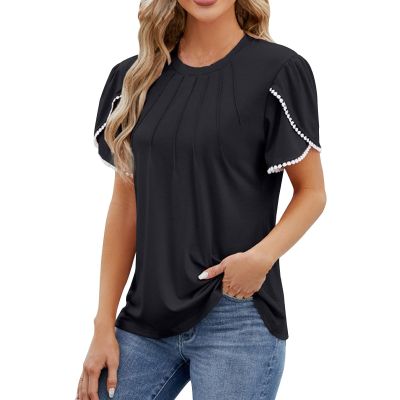 Women's T Shirt Summer Casual Crewneck Tops Short Petal Sleeve Blouses Casual Loose Tunic Tees Tops Daily Clothing Black