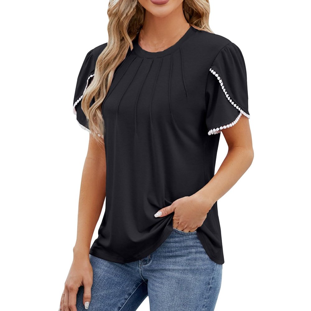 Women's T Shirt Summer Casual Crewneck Tops Short Petal Sleeve Blouses Casual Loose Tunic Tees Tops Daily Clothing Black