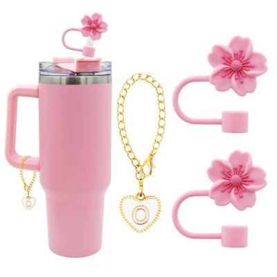Meitesti 2pcs Cherry Blossom Straw Cover Cap and Initial Letter for Stanley Cup,10mm 0.4in Silicone Straw Tips Lids ,Straw Tip Covers Gift for Party Decor (2pcs Cherry Blossom+O)