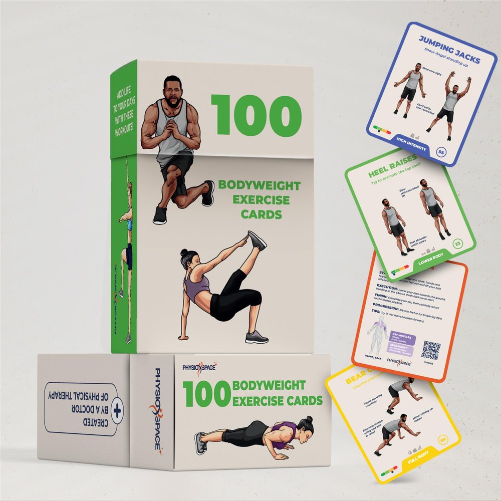 PhysioSpace 100 Bodyweight Exercise Cards Illustrated Home Workout Flash Card Deck Designed by a Physical Therapist for Strength Training with No Equipment for Men and Women