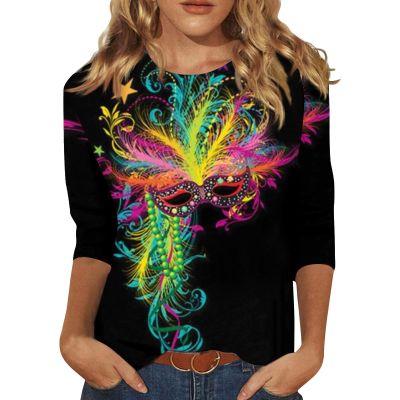 Mardi Gras Womens Tops 3/4 Sleeve Mask Print Shirt Spring Round Neck Graphic Tees Tunic Carnival Costume (Black, Small)