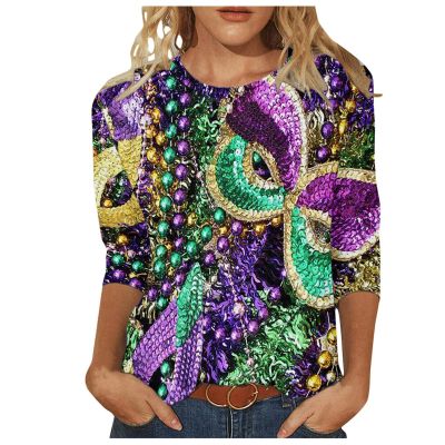 Mardi Gras Shirts for Women, Going Out Top Peplum Tops for Women 2024 Mardi Gras Womens Tops 3/4 Sleeve Mask Print Shirt Spring Round Neck Graphic Tees Tunic Carnival Costume (Dark Purple,4X-Large)
