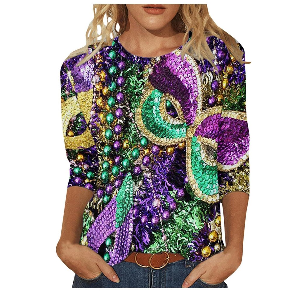 Mardi Gras Shirts for Women, Going Out Top Peplum Tops for Women 2024 Mardi Gras Womens Tops 3/4 Sleeve Mask Print Shirt Spring Round Neck Graphic Tees Tunic Carnival Costume (Dark Purple,4X-Large)