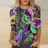 Mardi Gras Shirts for Women, Going Out Top Peplum Tops for Women 2024 Mardi Gras Womens Tops 3/4 Sleeve Mask Print Shirt Spring Round Neck Graphic Tees Tunic Carnival Costume (Dark Purple,4X-Large) view 2